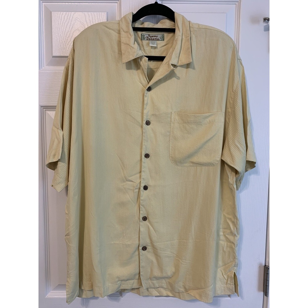 Tommy Bahama Men's Large 100% Silk Hawaiian Aloha Shirt Yellow Ribbed